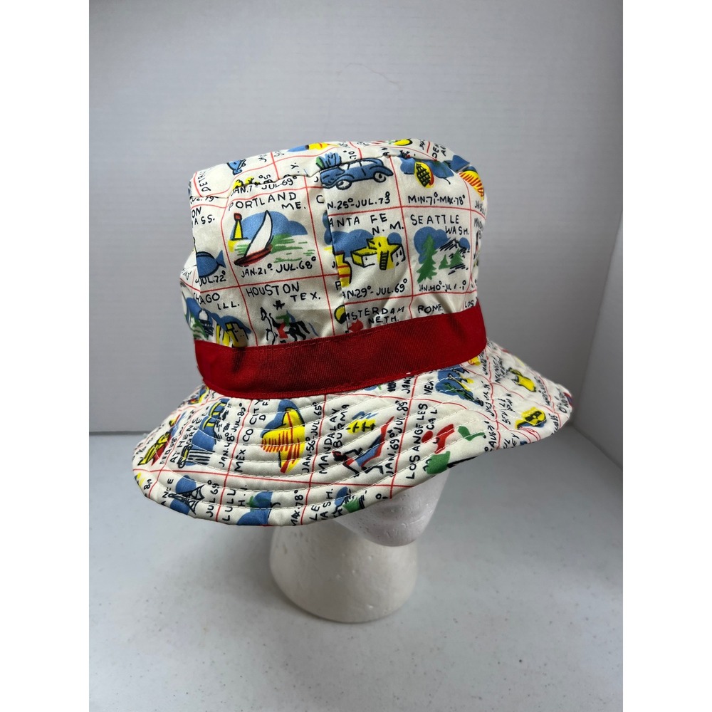Twos Company Travel Souvenir Stamp Bucket Hat Red Ribbon D-Ring White Multi